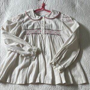 Vive La Fete Off White Cotton Blouse with Brown & Pink Smocked Detail, Size 12